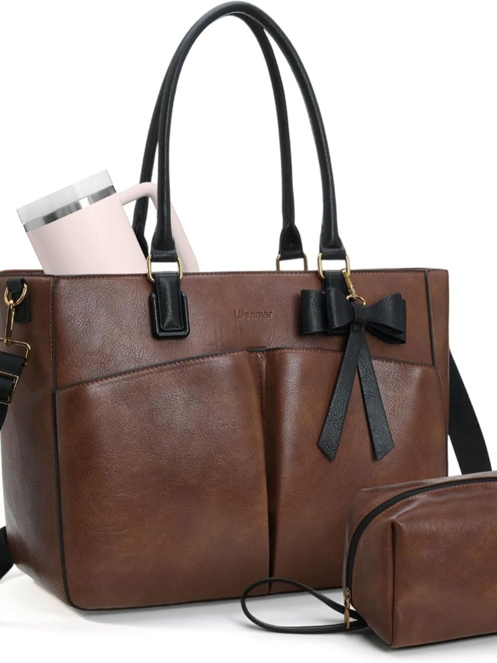 Laptop Tote Bag for Women, Leather Work Tote Bags with Large Cup Holder, Teacher